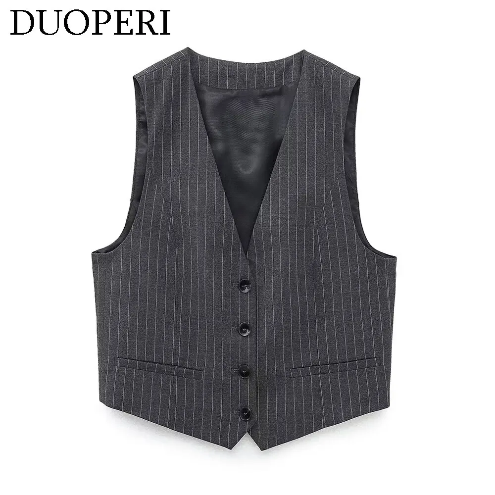 DUOPERI Women Fashion Striped V-Neck Suit Vest Sleeveless Female Chic Lady Casual Business Waistcoat