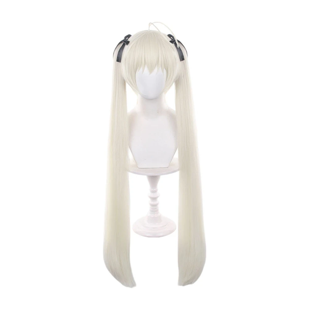 Bone White Medium-Length Wig Dual High-Set Strands with Removable Black Ribbon Ties Soft Frontal Transition Heat Resistant