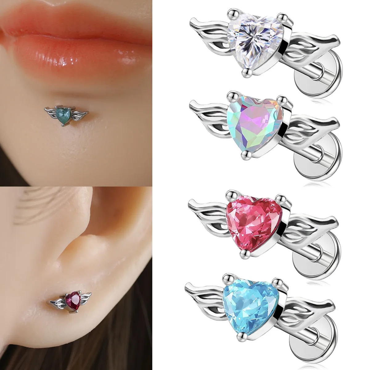 1Pc Flat Back Lip Ring Stud 316L Stainless Steel Low Allergy Angel Wing Heart CZ Cartilage Tragus Earring Piercing Jewelry