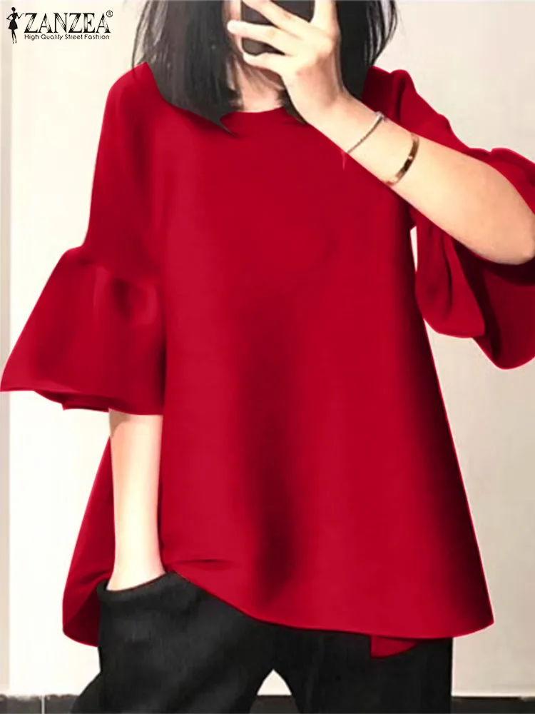 ZANZEA Fashion Women Solid Color Blouse 2024 Summer 3/4 Flare Sleeve Shirts Elegant Tunic Tops Casual Loose Blusas Femininas