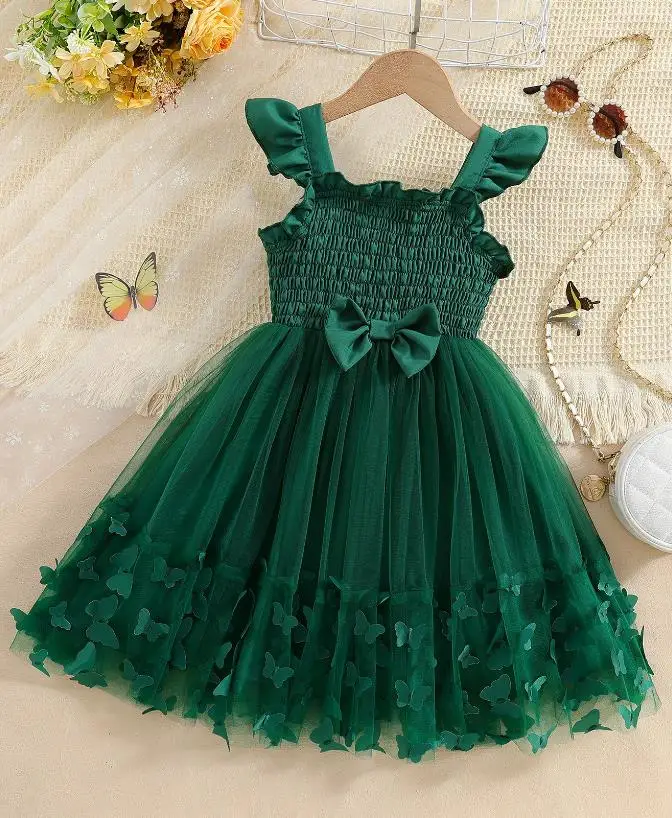 3-10Y Girl Summer Smocked Tulle Party Dress Flying Sleeve Square Neck Princess Gown Dresses with Butterfly Accents