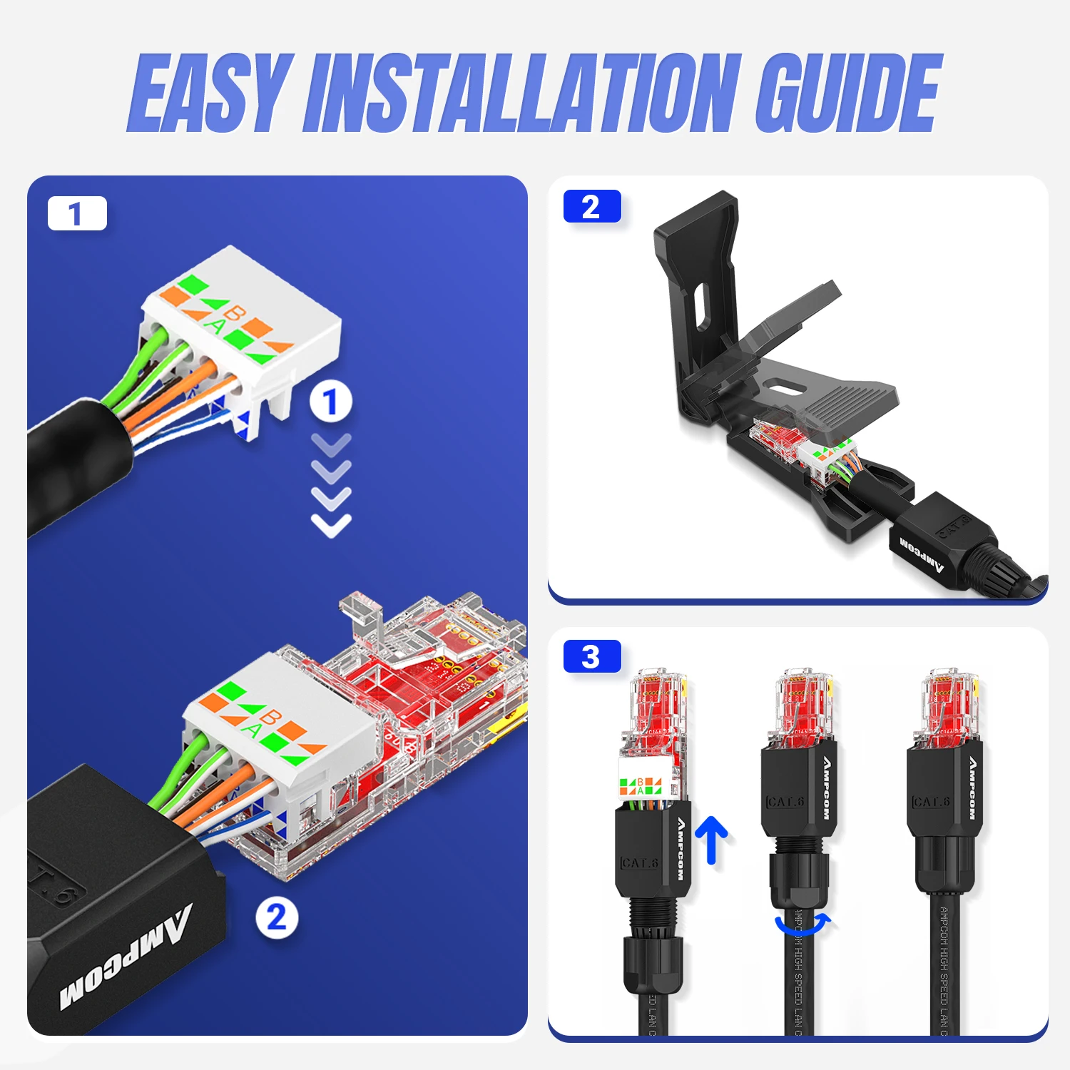 Conector rj45 livre de ferramenta ampcom, sem ferramenta de crimpagem menos utp 1000mbps cat6/cat6a plugue modular para cabo ethernet lan sólido enrolado