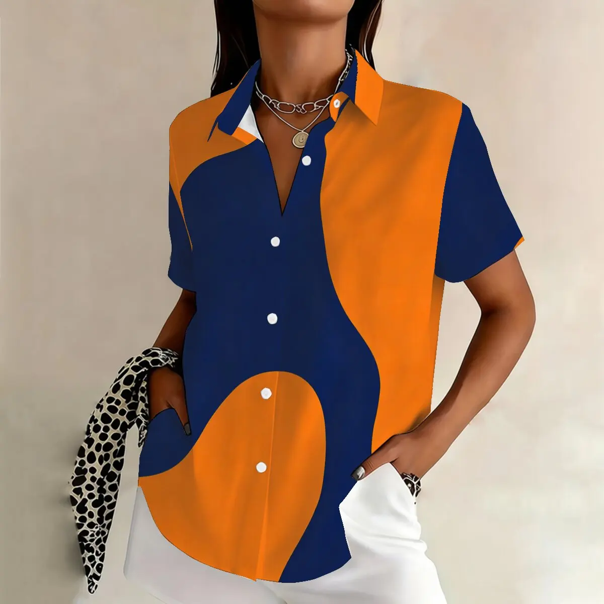 

Summer women's short-sleeve plus-size shirt, advanced color contrast, casual street style, suitable for gatherings, socializing