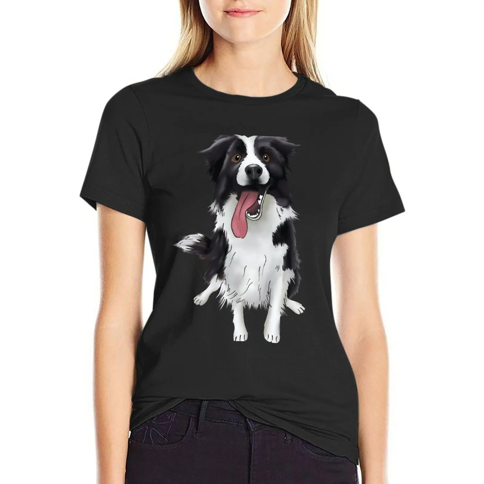 

Cute Smiling Black and White Border Collie Drawing | For Boarder Collie Owners | For Dog Lovers T-Shirt tops t shirts for Women