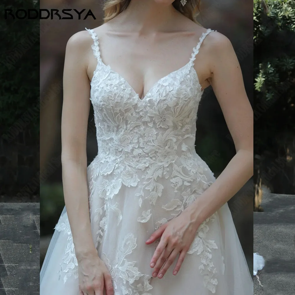 RODDRSYA gaun pernikahan tali Spaghetti, gaun pengantin renda punggung terbuka Applique A-Line Vestido De Novia Boho leher V gaun pengantin Tulle ukuran Plus