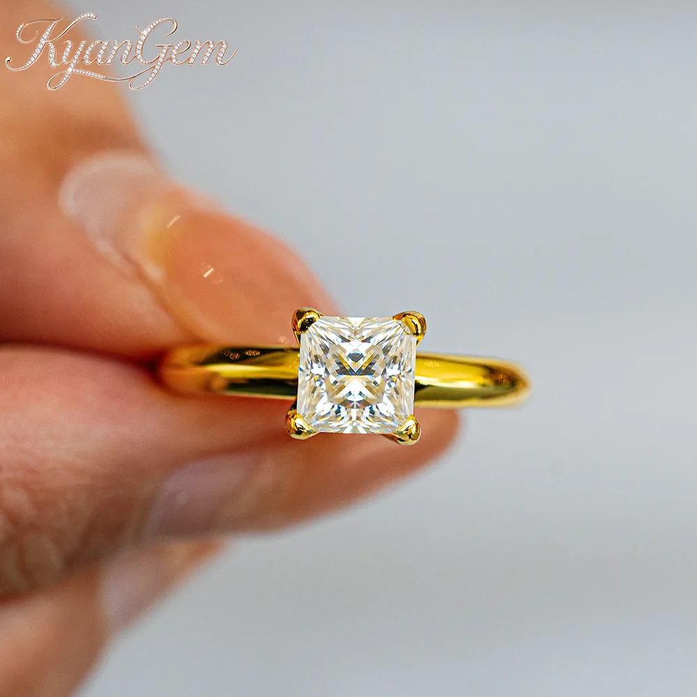 KyanGem Princess Square 100% 18K Gold Ring Band with 1 Carat Moissanite Stone for Women Wedding Engagement Fine Jewelry Gifts