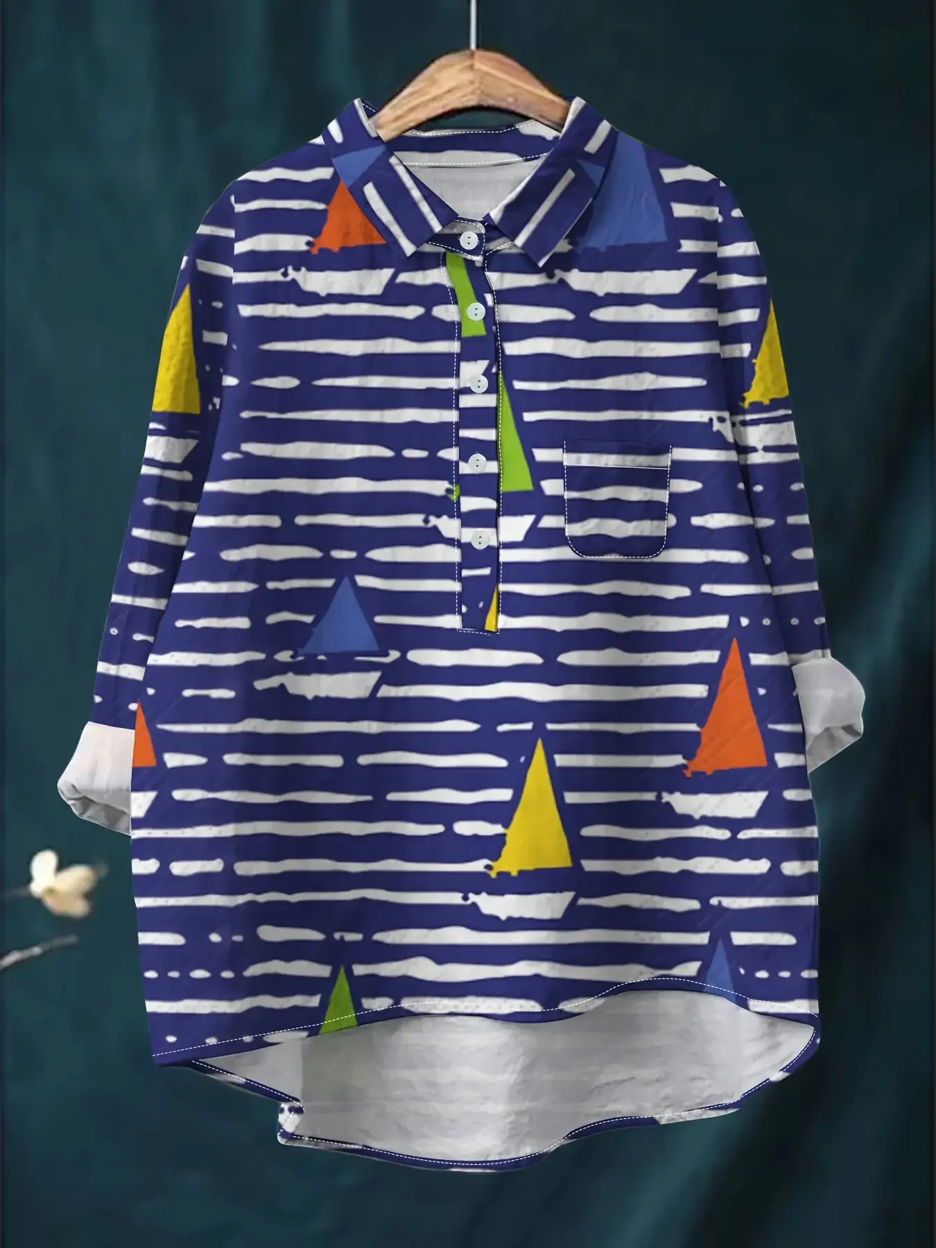 

Ladies' casual loose fit floral printed button up shirt - Striped deep-sea vessels top.2026