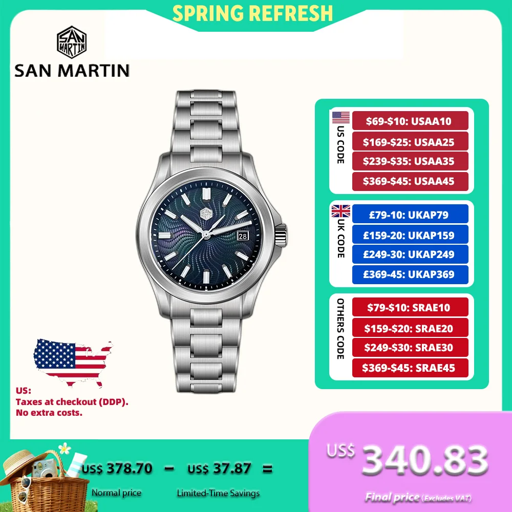 

San Martin 39mm Miyota 9015 Turbine Guilloche MOP Dial Men Luxury Watch Automatic 3H Date Quick Adjust BGW-X1 Luminous SN0150-1