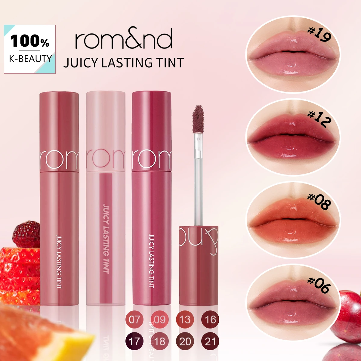 rom&nd JUICY LASTING TINT-12 Tonos, Textura Brillante y Jugosa, Brillos Labiales, Maquillaje de Lujo, Cosmético Coreano, K-Beauty, Maquillaje Coreano