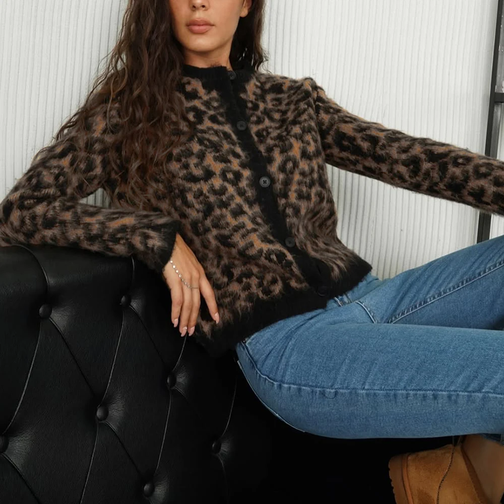 Talenza Leopard Print Knit Cardigan Women\'s Loose O-Neck Long Sleeve Casual Color Block Sweater Fashion Button Cardigan Top Y2k