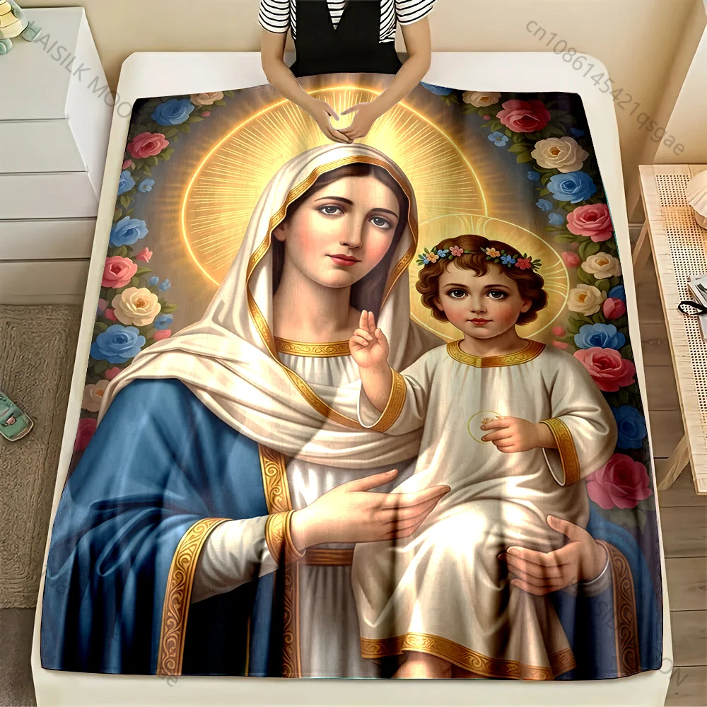 1PC Virgin Mary and Child Halo Flowers Print Blanket Warm Soft Fluffy Kids and Adult Sofa Bed Throw Blanket Travel Camping RV