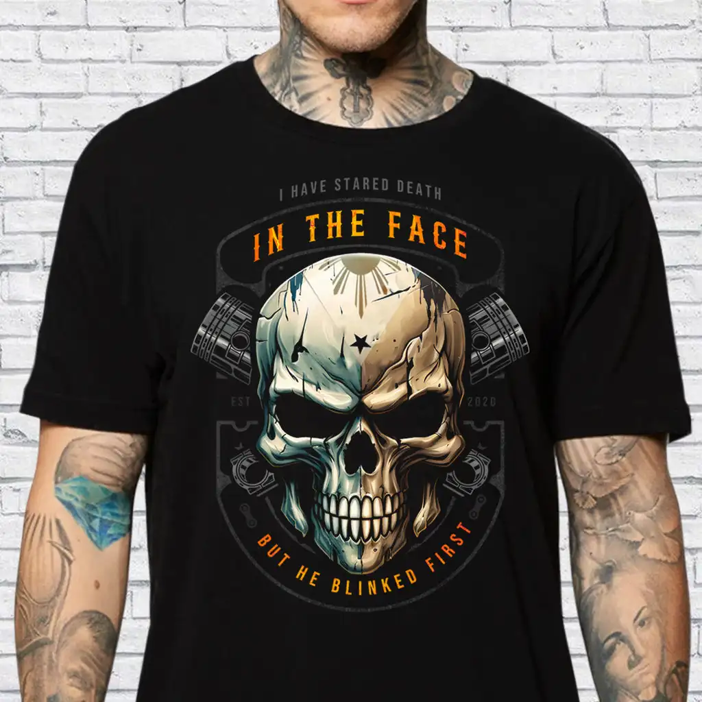 

I Have Stared Death | Pistons Skull Garage Racing T-Shirt 100% Cotton O-Neck Summer Short Sleeve Casual Mens T-shirt Size S-3XL