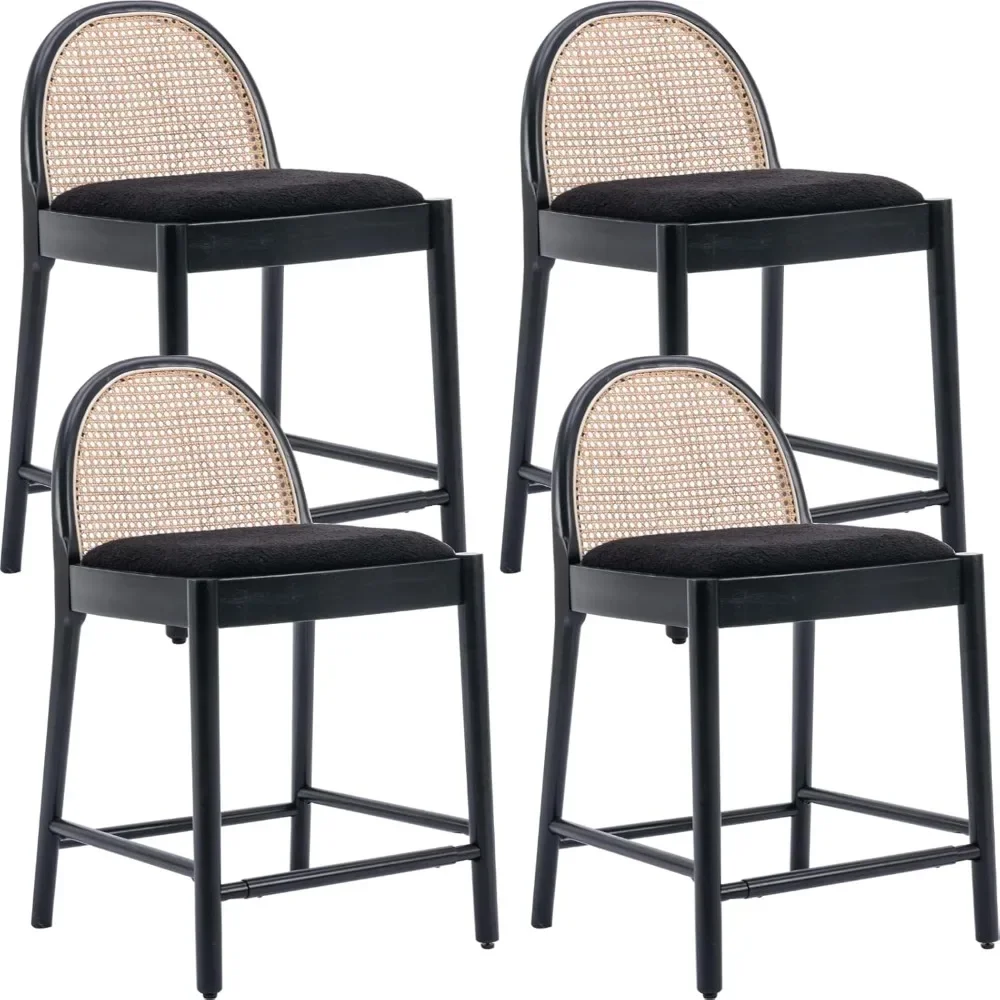 

Mid-Century Bar Stools Set of 4, 26 Inch Rattan Back Sherpa Counter Height Barstools Comfy Upholstered Bar Chairs