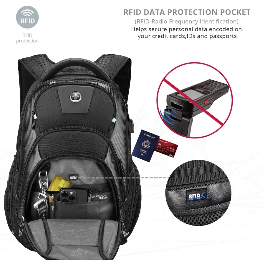 حقيبة ظهر للكمبيوتر المحمول للأعمال من Swissdigital Design TSA للرجال ذات سعة كبيرة للسفر مع Apple Find My Network وUSB Char #4