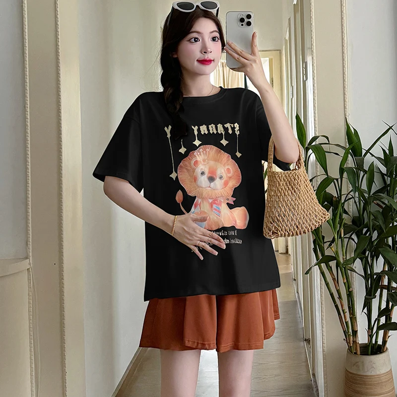 

Pregnant Women Summer Clothing Fashionable Pure Cotton T-shirt Short Sleeve O-Neck Long Loose Casual Maternity Top Cartoon Tees