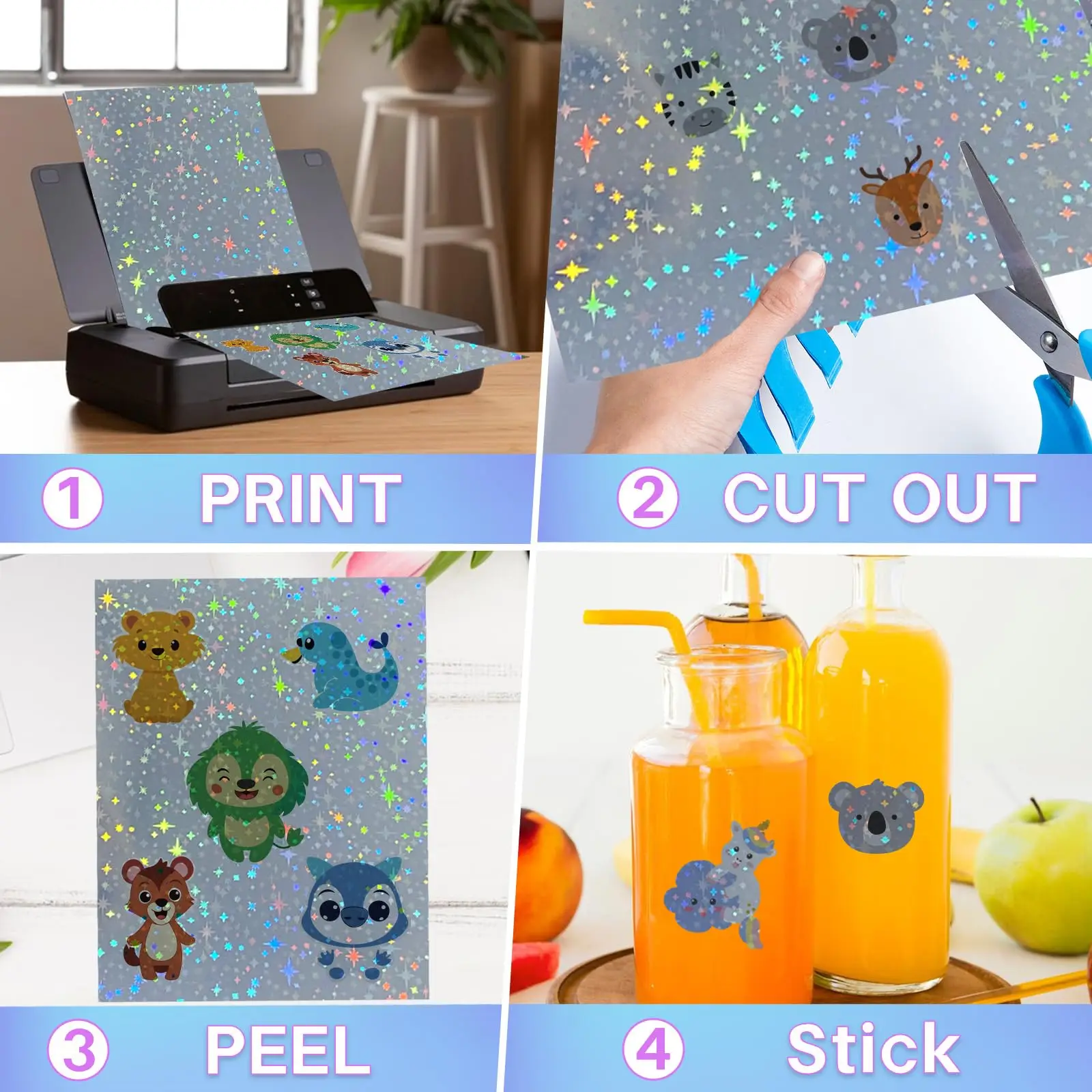 20 Sheets Holographic Vinyl Printable Sticker Paper A4 (8.3"x11.7") Size Starry Sky Self Adhesive Waterproof  For Inkjet/Laser