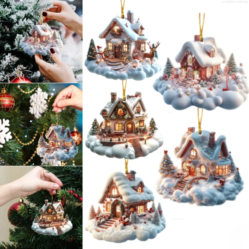 Christmas Acrylic Ornaments Castle Snow House Hanging Pendant Xmas Decoration For Home Christmas Party New Year Gift Navidad