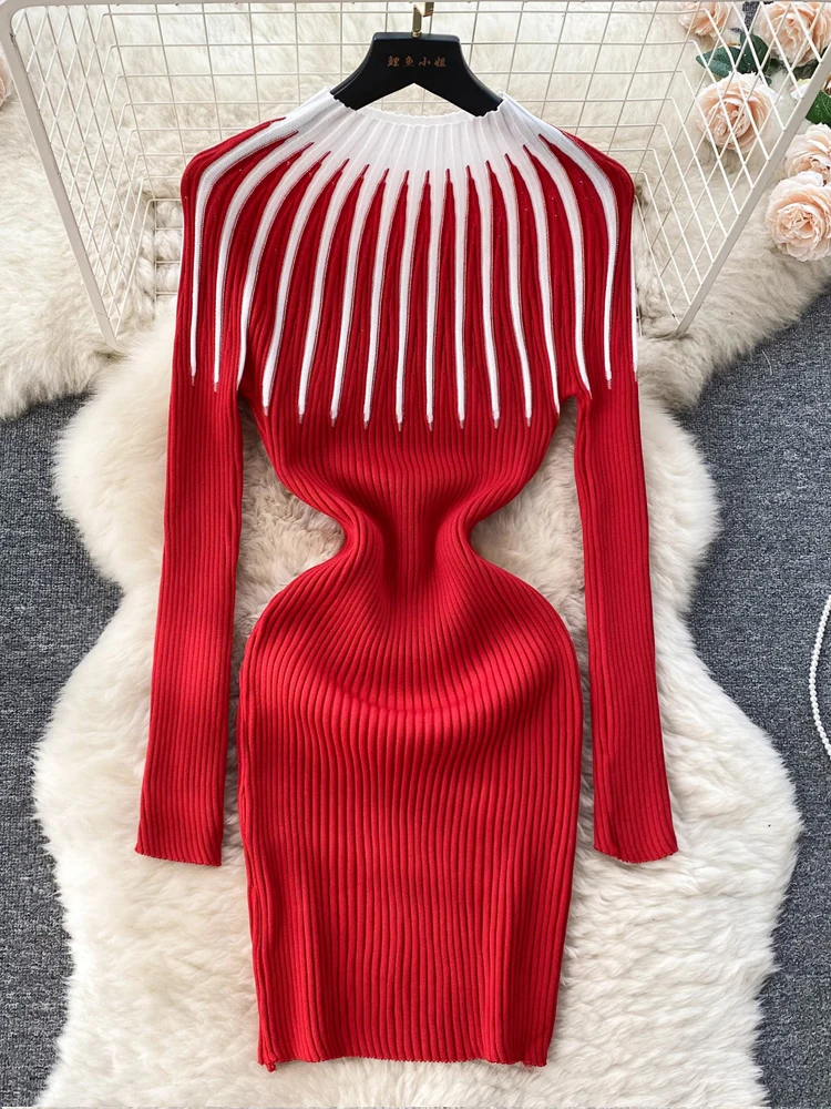 YuooMuoo Chic Fashion Sexy Wrap Hips Mini Dress Autumn Winter Elegant Y2K Gradient Knitted Sweater Dress Lady Party Vestidos