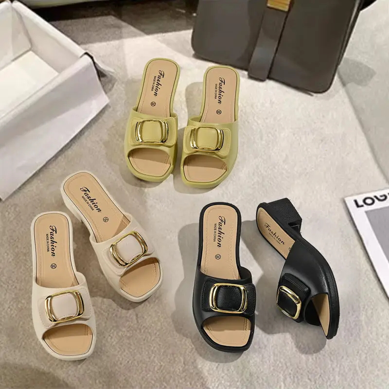 Ladies Summer Slippers Fashion Square Metal Buckle Wedge Heel Sandals Non-Slip Outdoor Walking Shoes Women's Casual Flip Flops