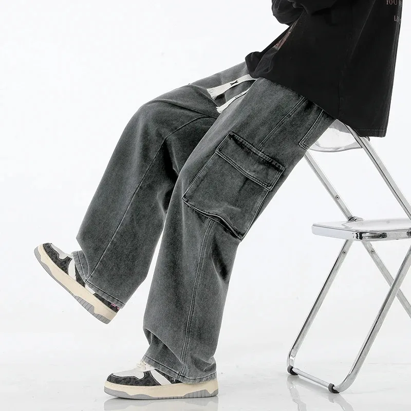 

Autumn New Men Cargo Jeans Baggy American High Street Y2K Multi-pocket Youth Overalls Fashion Streetwear Vintage Wide Leg Pants