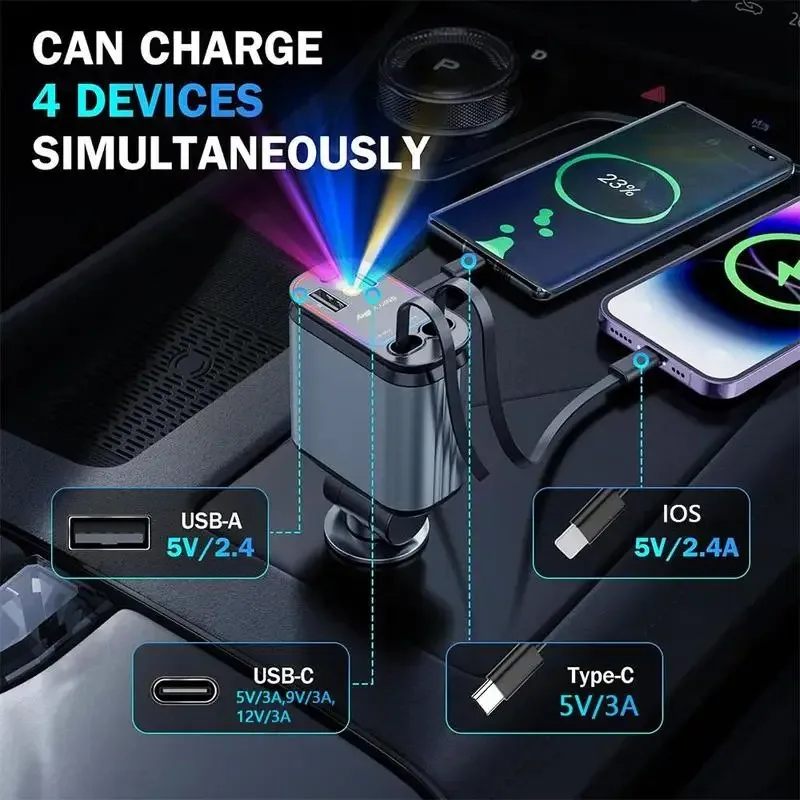 Universal 4 In 1 Car Charger Retractable Charging Cable Starry Sky Spotlight Design Dual Port Fast Charging Car Adapter