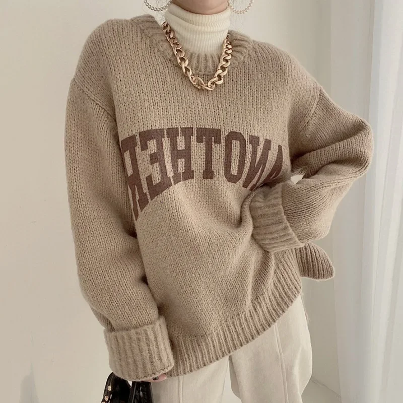 Korean Fashion Spring Autumn Candy Color Sweater Pullovers for Women Loose Oversized Sweater Letter Knitted Pullovers O Neck