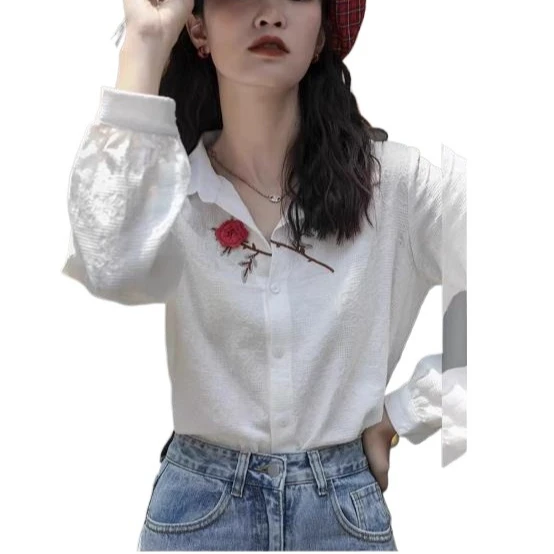 

Rose Embroidered Blouse Women 2026 Fall Long Sleeve Loose white Shirts