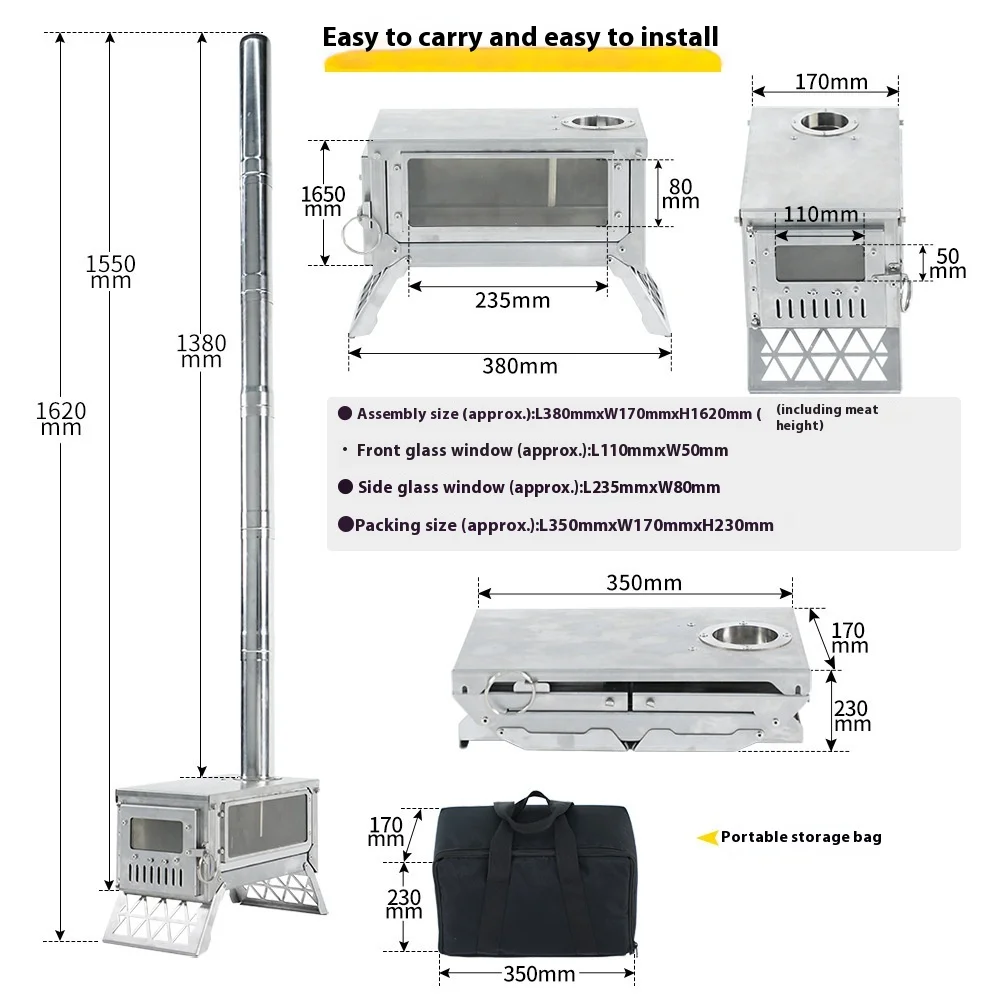 Dual-Purpose Stainless Steel Folding Wood Stove Portable Outdoor Camping Kitchen For Cooking Heating With Secondary Combustion