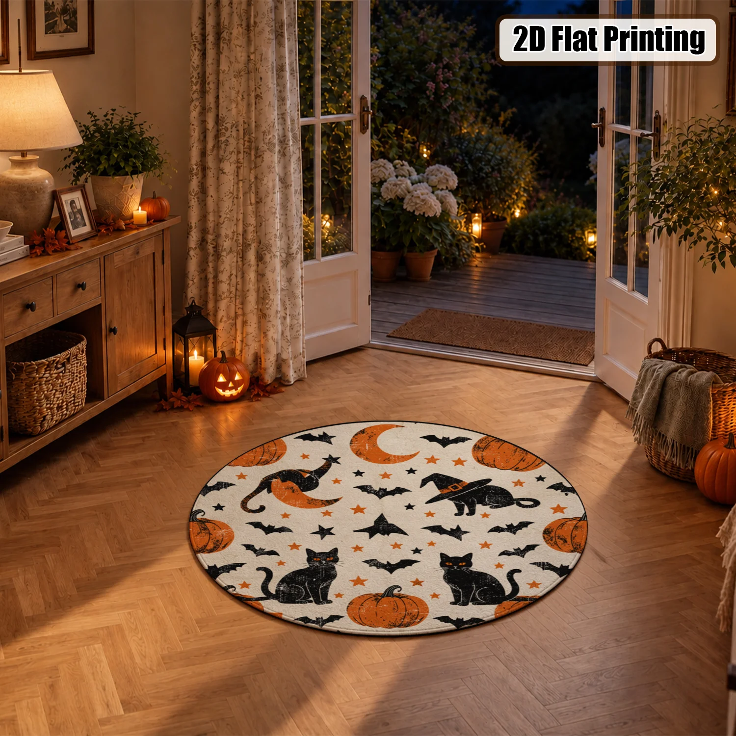 Halloween Themed Black Cat Pumpkin Bat Pattern Round Velvet Rug, Machine Washable Soft Floor Mat for Living Room, Bedroom, Entryway, Ideal for Halloween, Thanksgiving, Christmas, New Year, Black Friday Decor