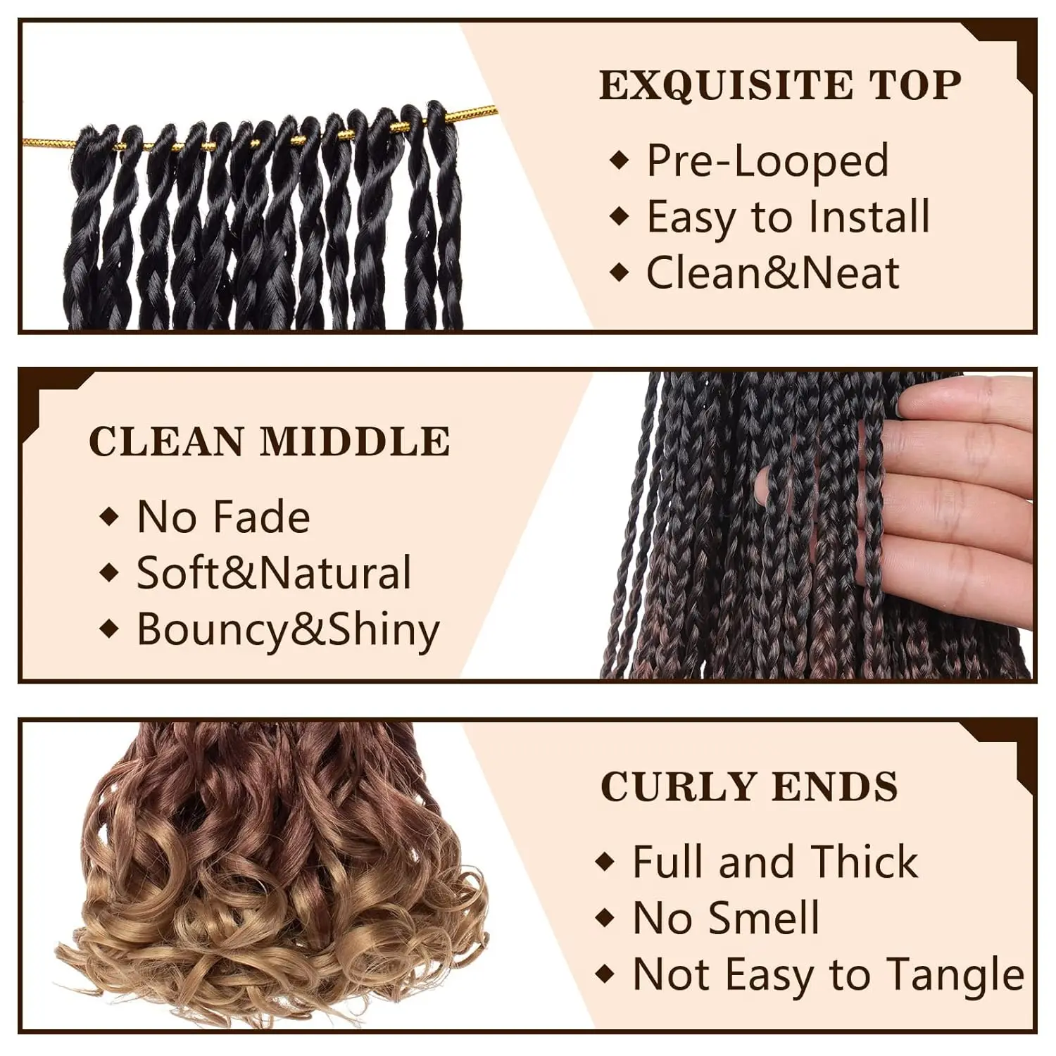 프렌치 컬 크로셰 브레이즈 여신 박스 브레이즈 여성용 크로셰 헤어, 곱슬 끝이 있는 프리 루프 크로셰 박스 브레이드 (합성 섬유)