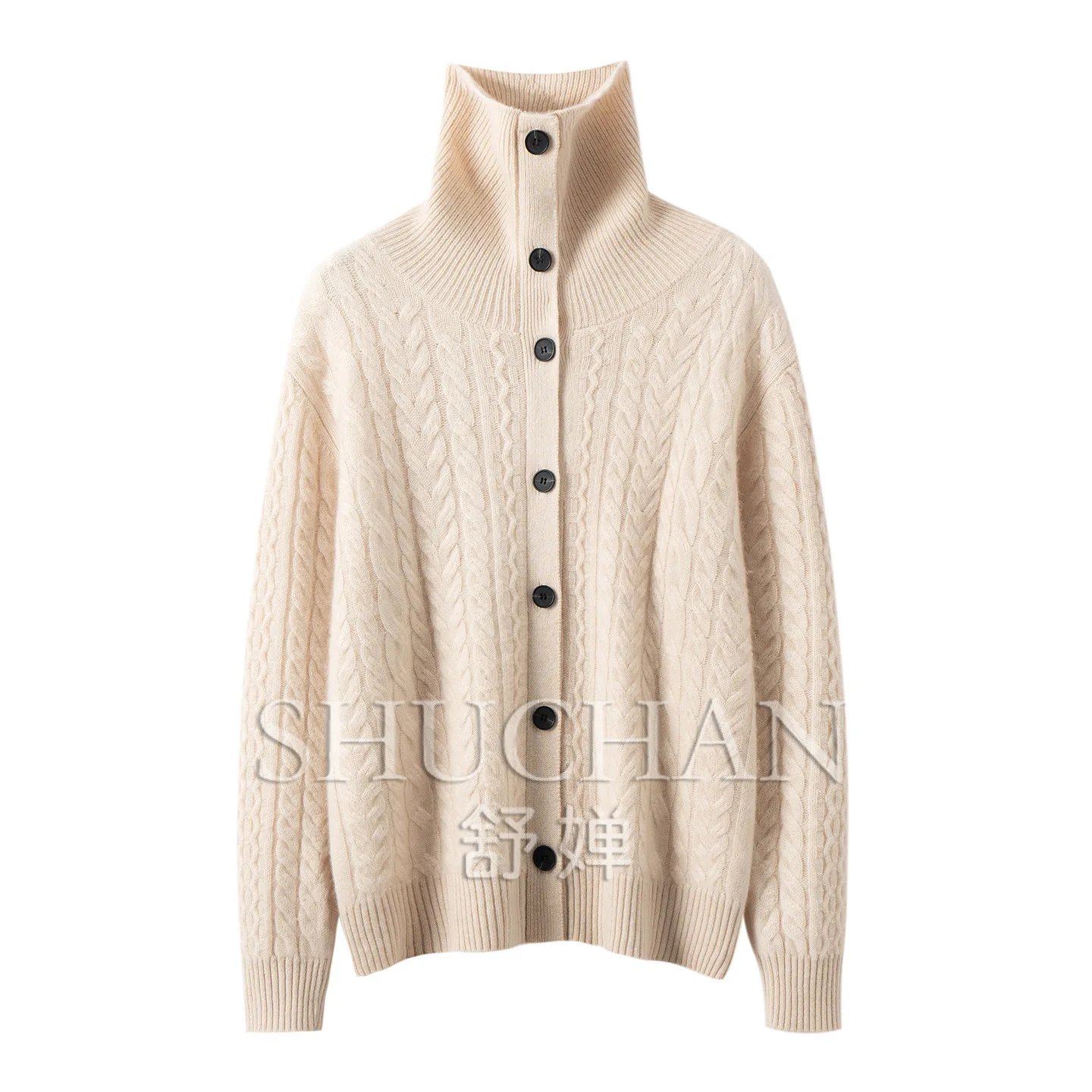 Autumn and Winter 35% Cashmere 65% Wool Knitted Cardigan Sweater Fashionable Old Money Style Twist Stand-up Neck Thickened Knitt
