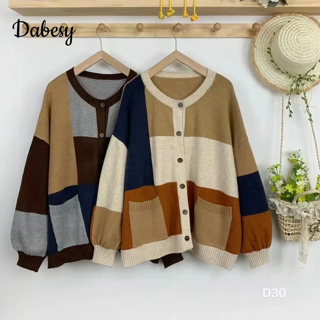 

Vintage Color Contrast Patchwork Knitted Sweater Coat Women Autumn Mori Girl Lantern Sleeves Cardigan Loose Knitwear Outwear