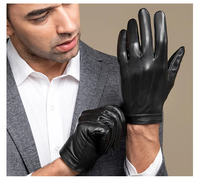 New 2022 Spring Gloves Men Real Leather Gloves Touch Screen Black Real Sheepskin Thin Warm Driving Gloves