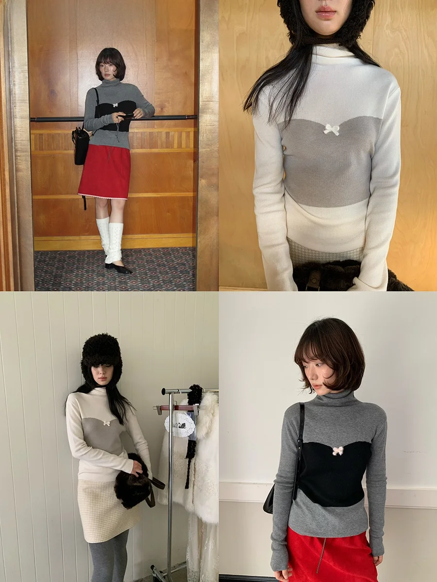 

Женская модная осенняя кофта с высоким воротником, вязаная из смесовой шерсти и полиэстера, с длинным рукавом, в стиле колор-блок, с узлом