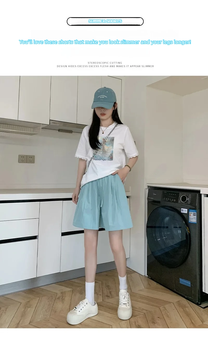 Solid Color Casual Summer Shorts for Women Thin Breathable Elastic Waist Shorts Woman Vacation Loose Wide Leg Shorts Beach Pants