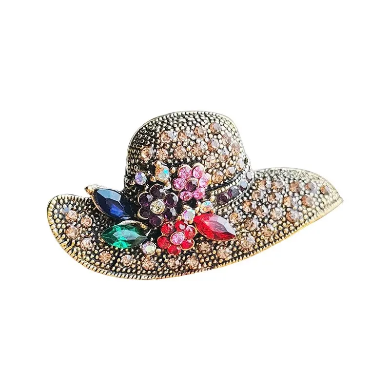 Vintage Inlaid Rhinestone Flower Sun Hat Gold Color Brooches For Women Versatile Trendy Clothing Holiday Jewelry Accessories