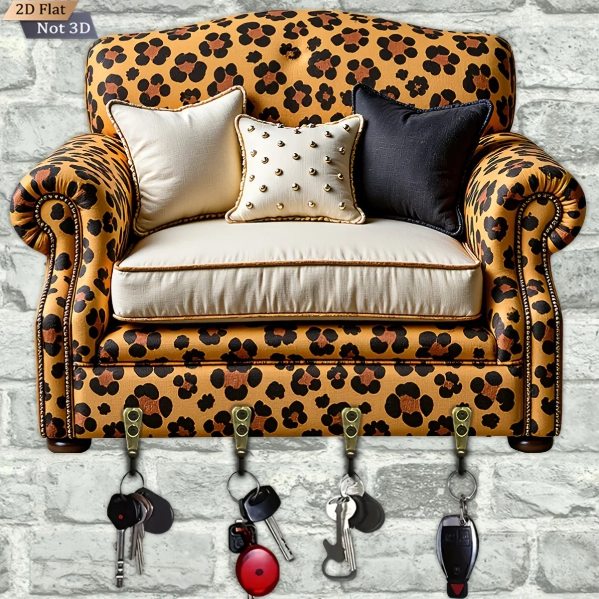 2D Flat, 1pc, Leopard Print Key Hook Wooden Multifunctional Home Key Rack with Four Metal Hooks, Wall Decoration, Porch