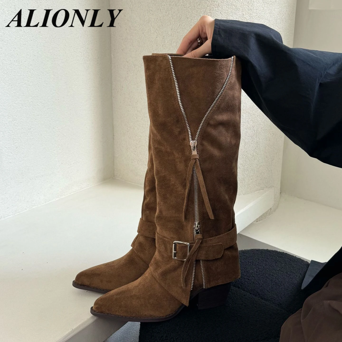 

Alionly 2026 New Fashion Round Toe Women Knee-High Boots Punk Style Platform Zipper Shoes Square High Heels Banquet Booties