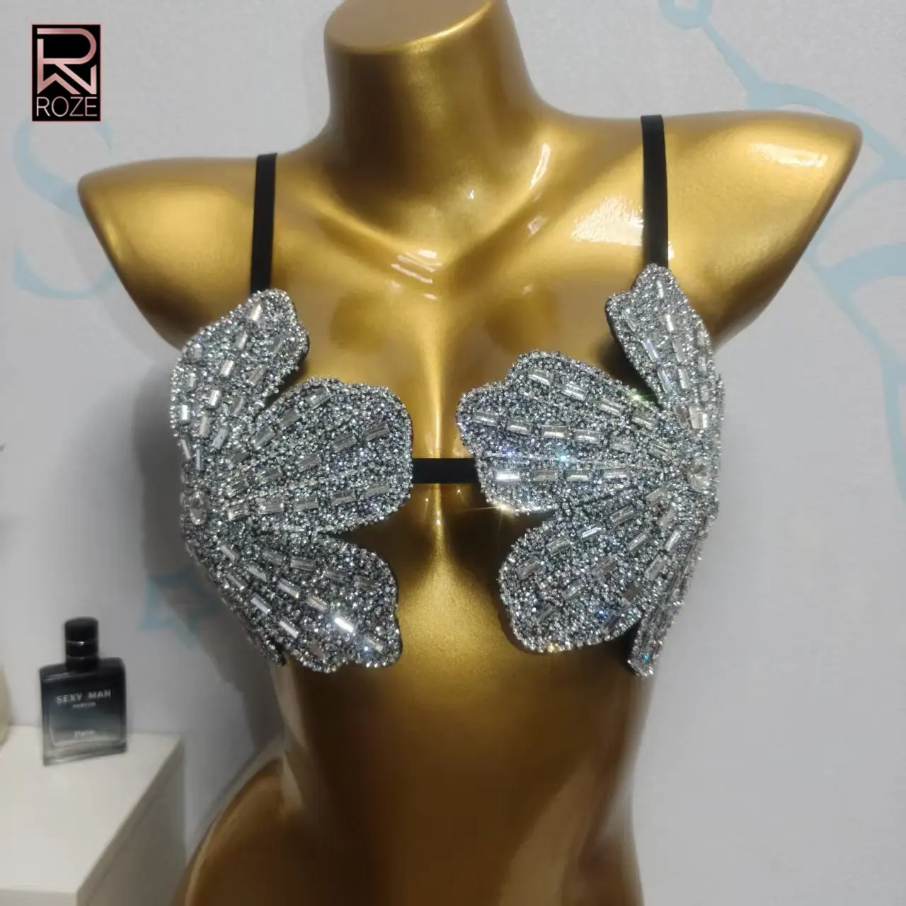 

2026 New Women Rhinestone Flower Bra Top Luxury Crystal Butterfly Crop Top Adjustable Strap For Nightclub Festival Party