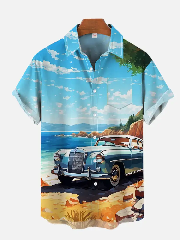 

Classic Hawaiian Tiki Club Hula Girl And Retro Car Printing Short Sleeve Shirts For Men Fashion Hawaiian Shirt Beach Blouses