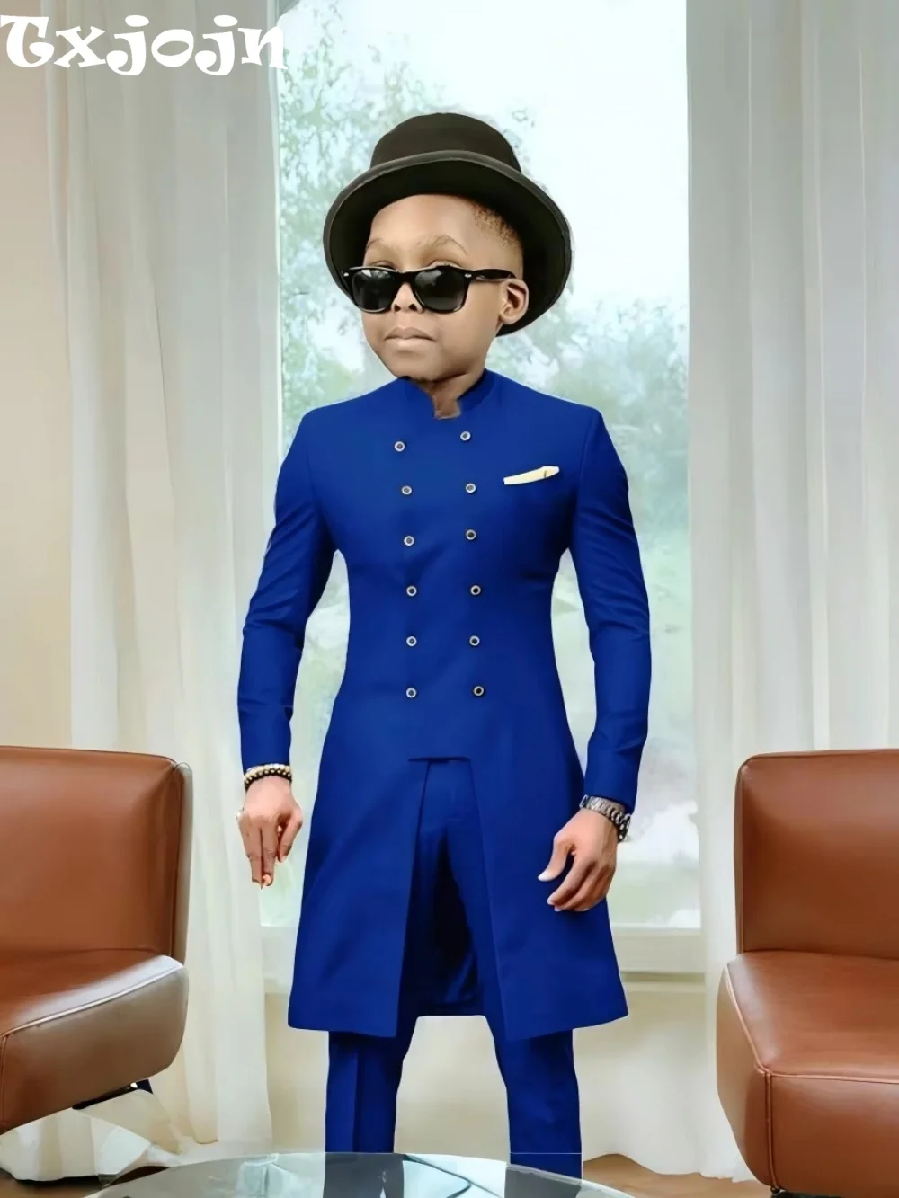 African Stand Collar Kids Long Suit Set 2 Pieces Wedding Guest Outfit Double Breasted Boys Formal Tuxedo Birthday Party Wear
