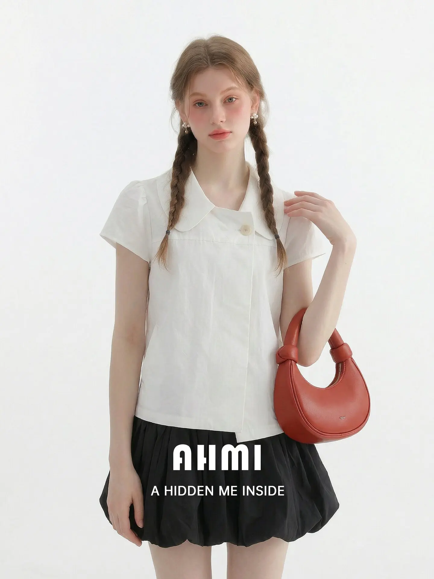 

Elegant White Doll Collar Bubble Short Sleeve Shirt for Girls Summer New Style Breathable Cotton Blend Casual Loose Fit Top