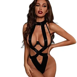 Women Sexy Tape Wrap Tights Tops Hanging Neck Hollow Out Backless Sleeveless Bodysuit Female Erotica Lingerie Seductive Uniform