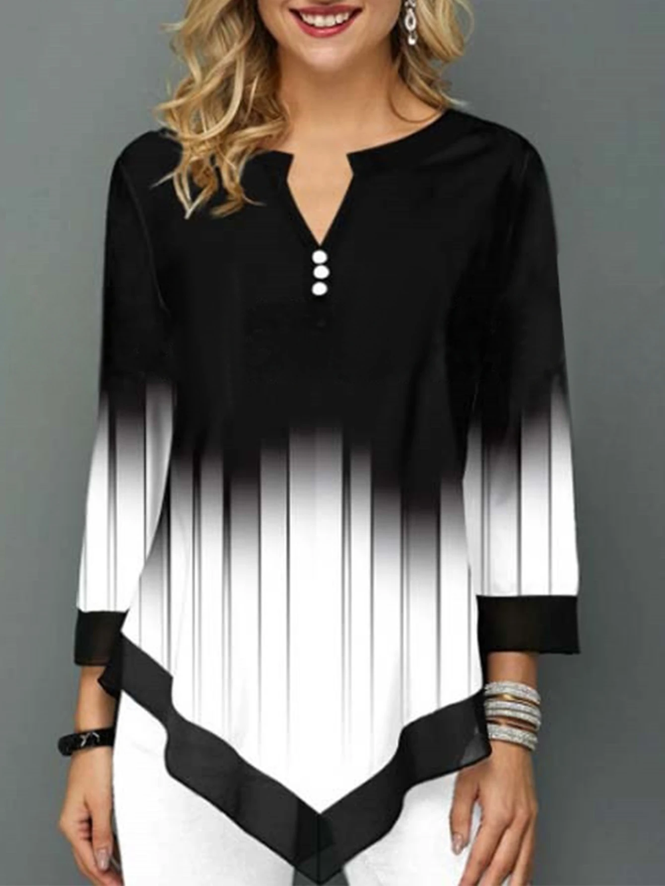 Dames herfst-T-shirts Chique gradiënt grafische print Lange mouw Half open kraag Knoop Basics Top voor vrijetijdskleding