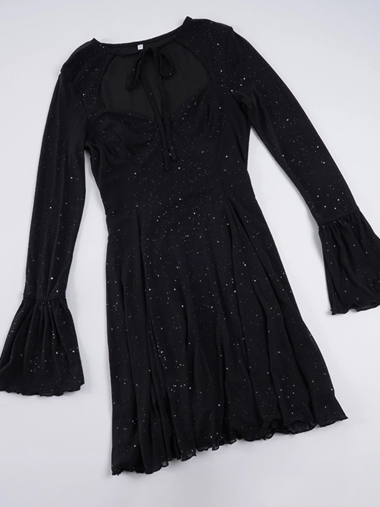섹시하고 반짝이는 시스루 메쉬 파티 드레스 여성 패션 블랙 타이업 로우컷 프론트 롱 슬리브 A라인 미니 미드나잇 클럽 드레스