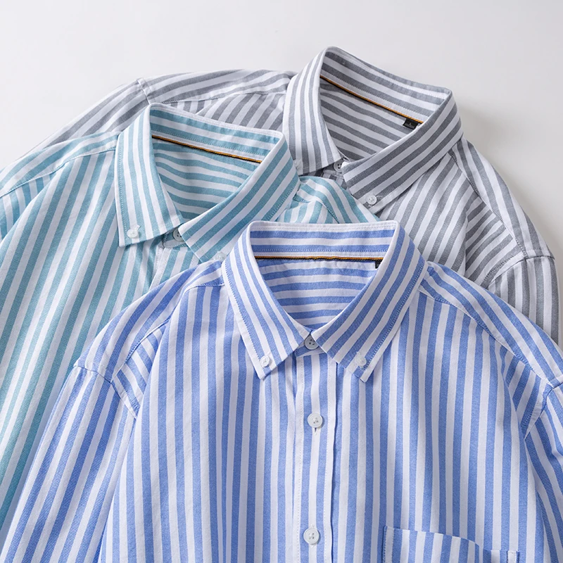 100% Cotton Oxford Men's Shirts Long Sleeves Plaid Shirt Pocket Social Blouse Striped Shirt Cotton Clothes