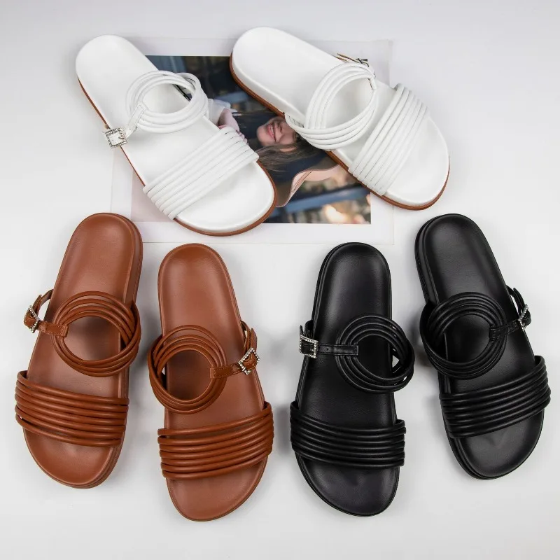 

Metal Buckle Soft Leather Women Roman Shoes Thick Bottom Women Summer Slippers Leisure Comfort Non-slip Women Beach Flat Sandals