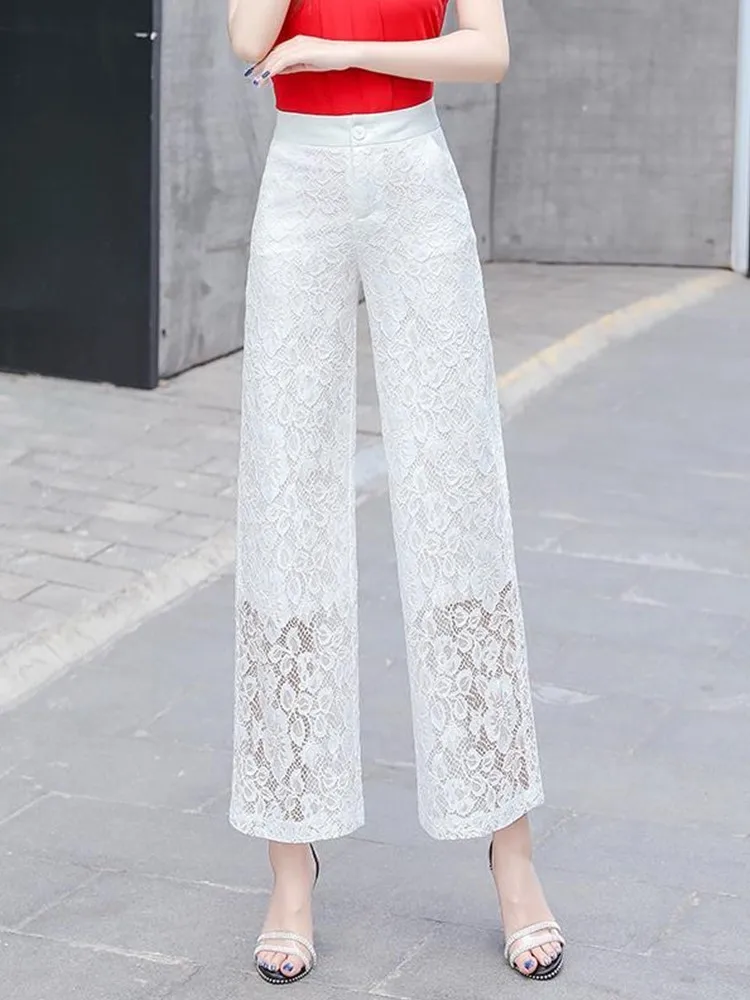 

Women's High Waist Wide Leg Lace Pants, Hollow Out Patchwork, Ankle Length Trousers, Streetwear, Fashion