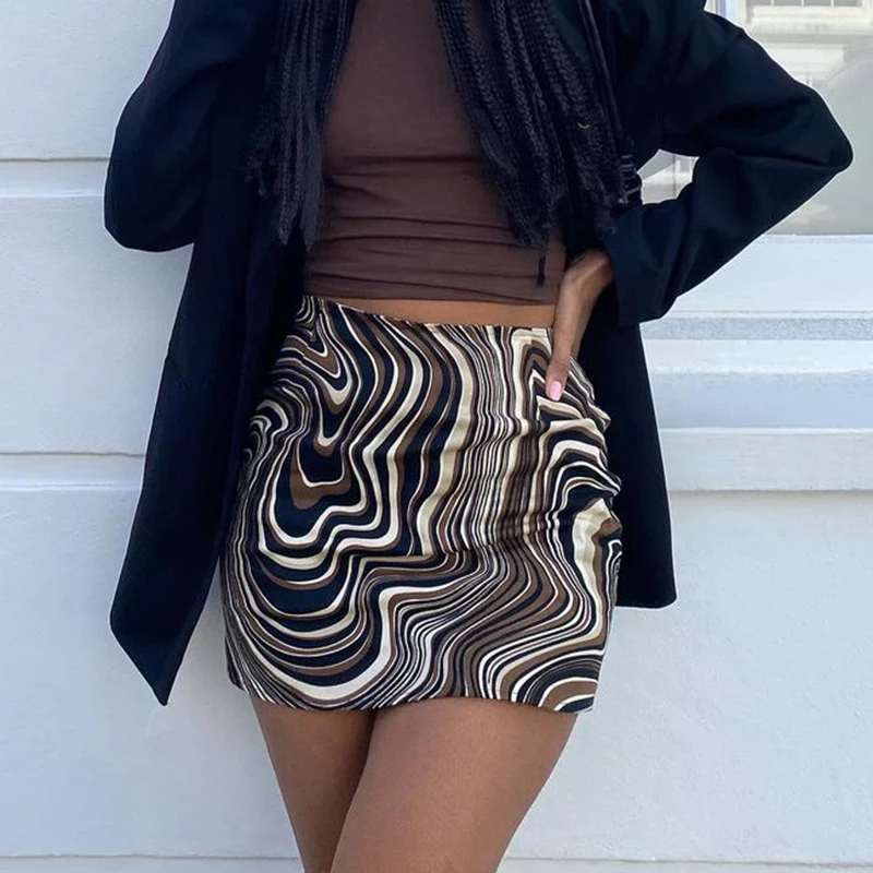 Y2k European and American Summer Vortex Water Wave Pattern Elastic High Waist Slim Wrapped Hip Short Skirt for Women