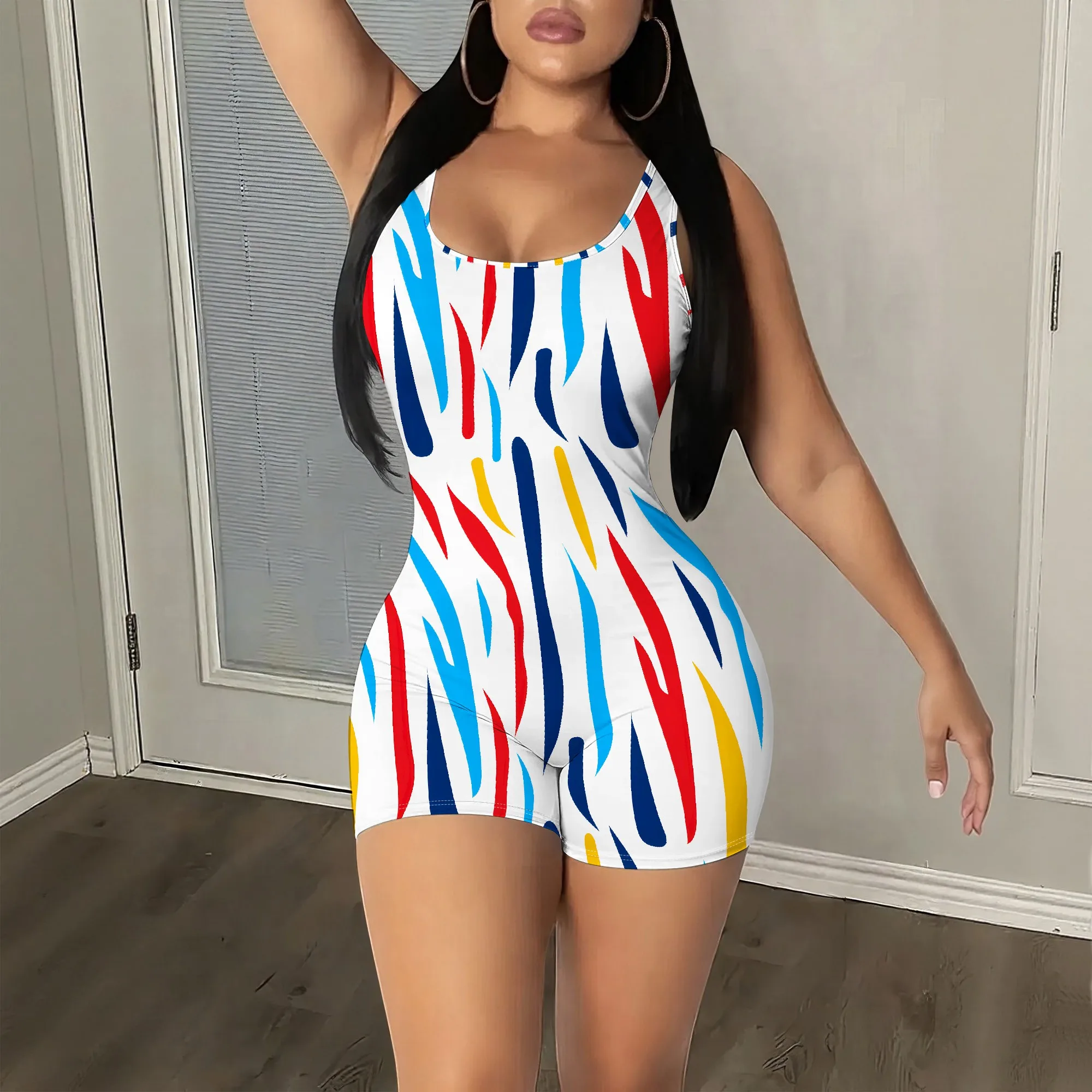 

Vibrant Flame Print Sleeveless Romper, Colorful Abstract Pattern Playsuit, Casual Summer Jumpsuit for Women, S-2XL